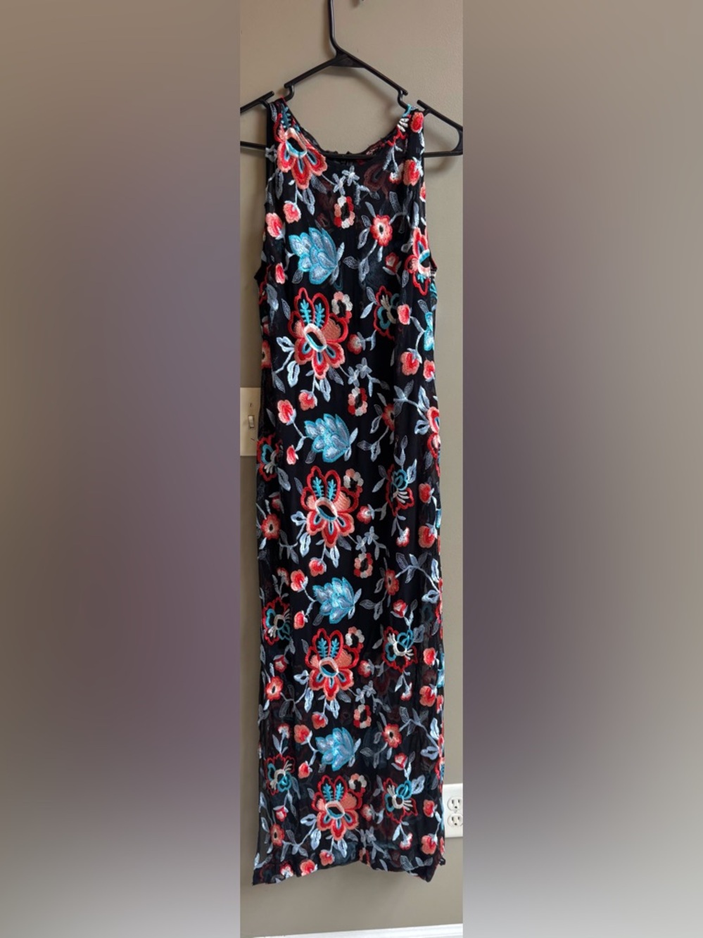 Alexia Admor Black Maxi Dress with Red and Teal Floral Embroidery
